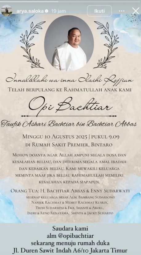 kabar duka Opi Bachtiar dibagikan Arya Saloka [instagram]